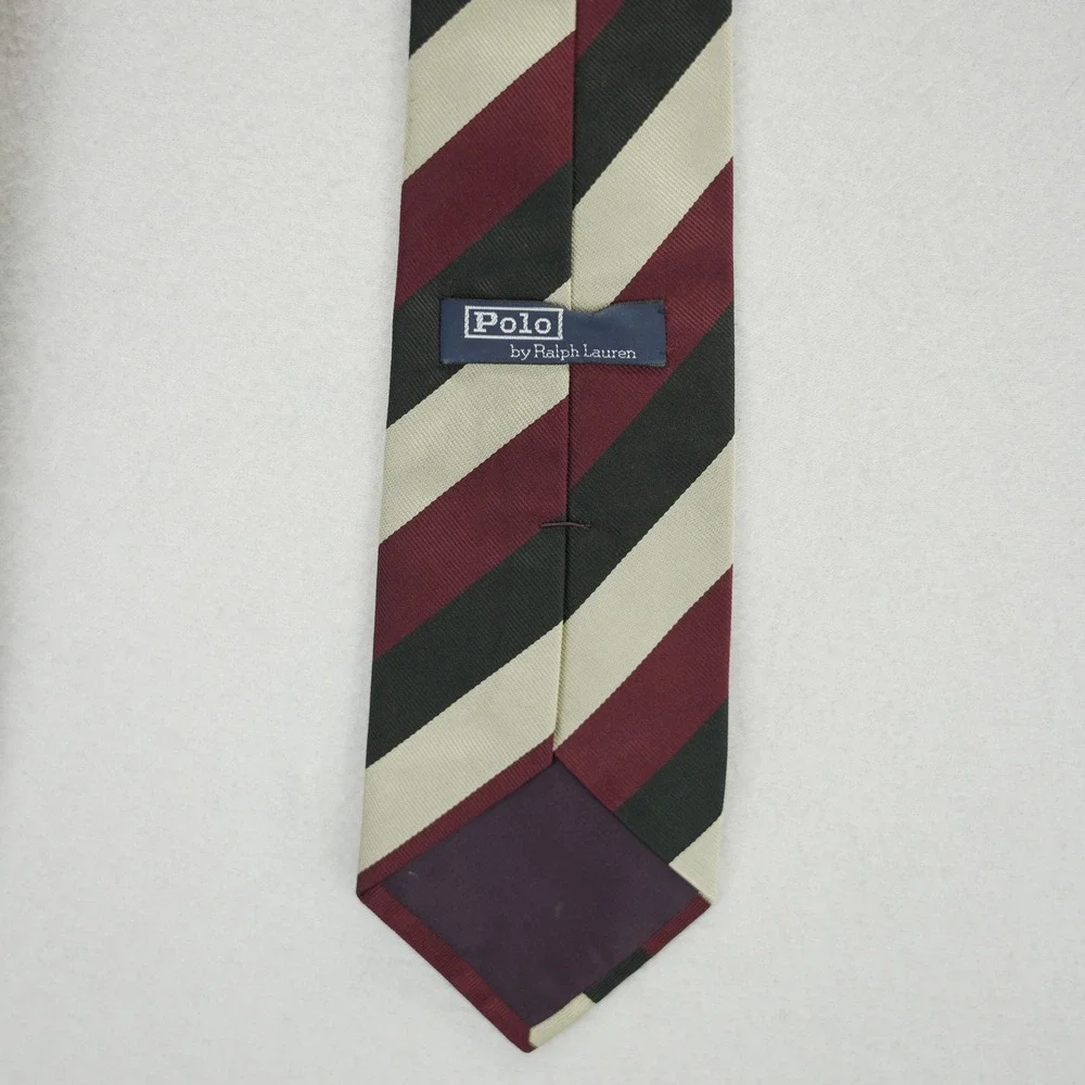 Polo Ralph Lauren Silk Tie Burgundy Green Cream Striped Repp Hand Finished USA